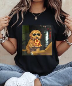 Goldendoodle eating pizza holding glasses meme_Ladies T-Shirt