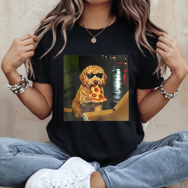 Goldendoodle eating pizza holding glasses meme_Ladies T-Shirt